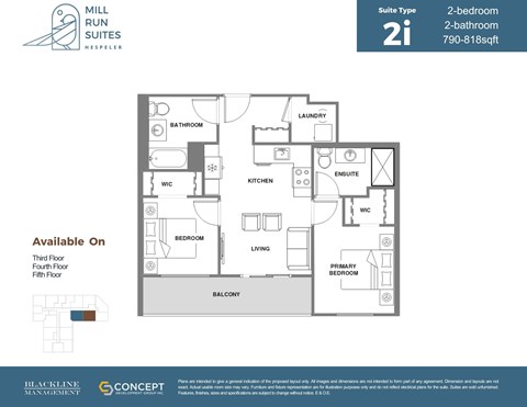 Floor plan for 2 beds, 2 baths, 790 sqft
